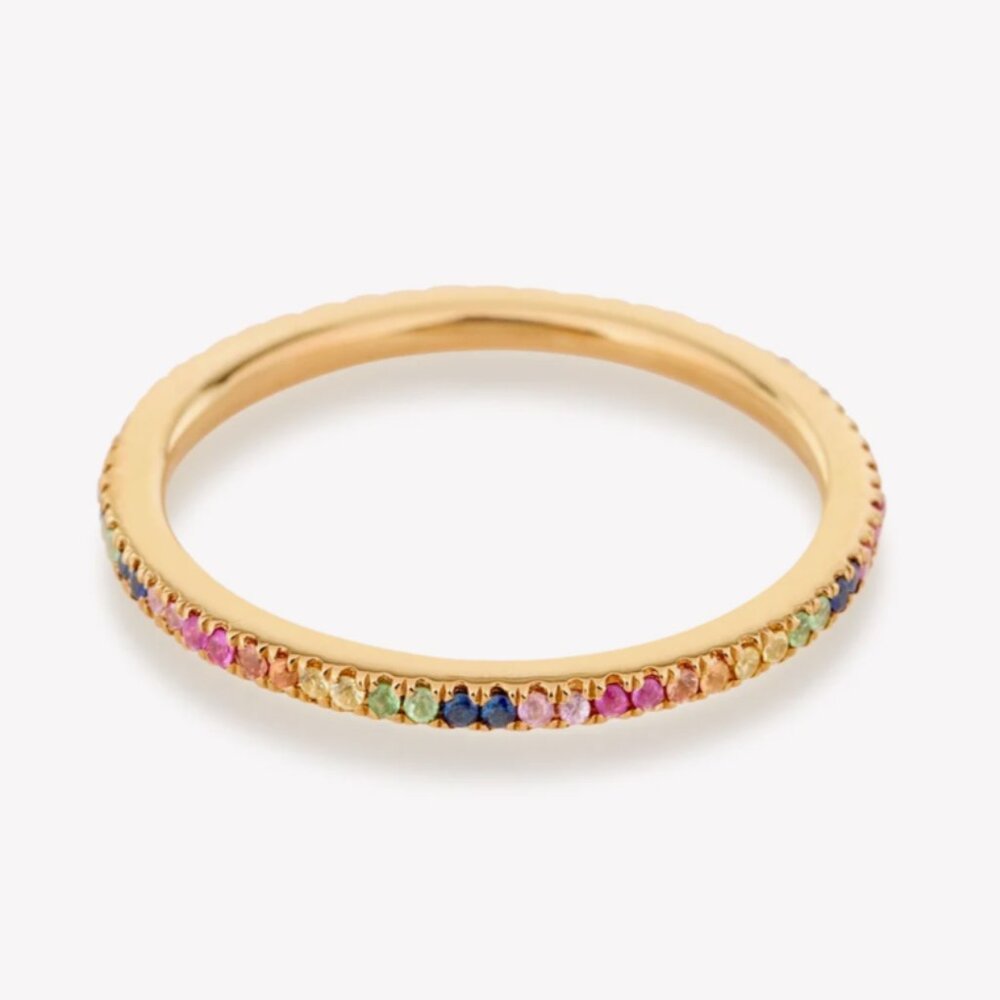 Rainbow Sapphire Pave Eternity Band - size 5 - 10K Yellow Gold